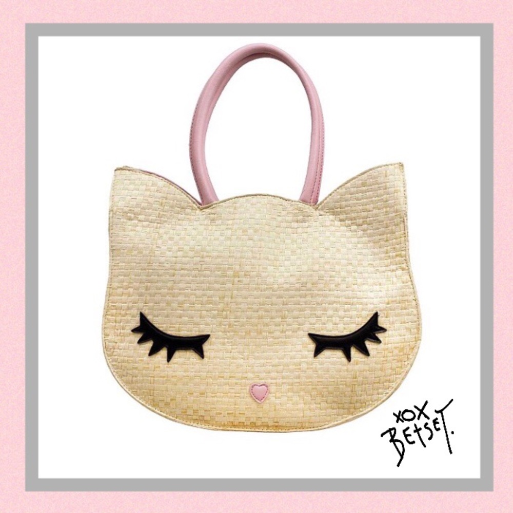 Betsey Johnson Pink Cat Woven Straw Litch Tote - Picture 8 of 8